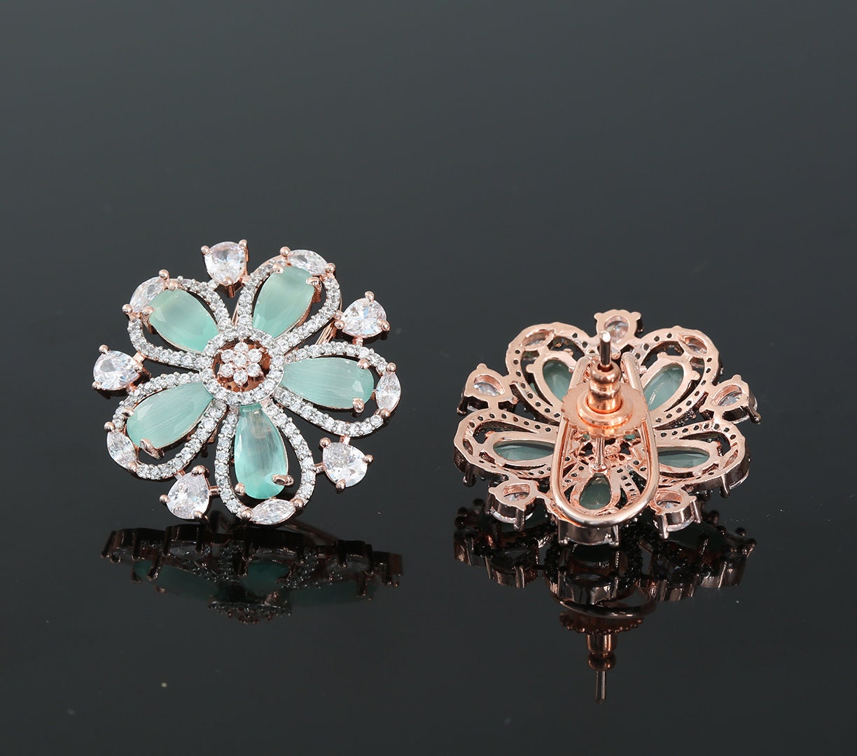 Rose Gold Plated American Diamond and CZ Floral Design Fashion Clip on Stud Tops|Wedding Earrings|Traditional Indian Bollywood Stud Earrings