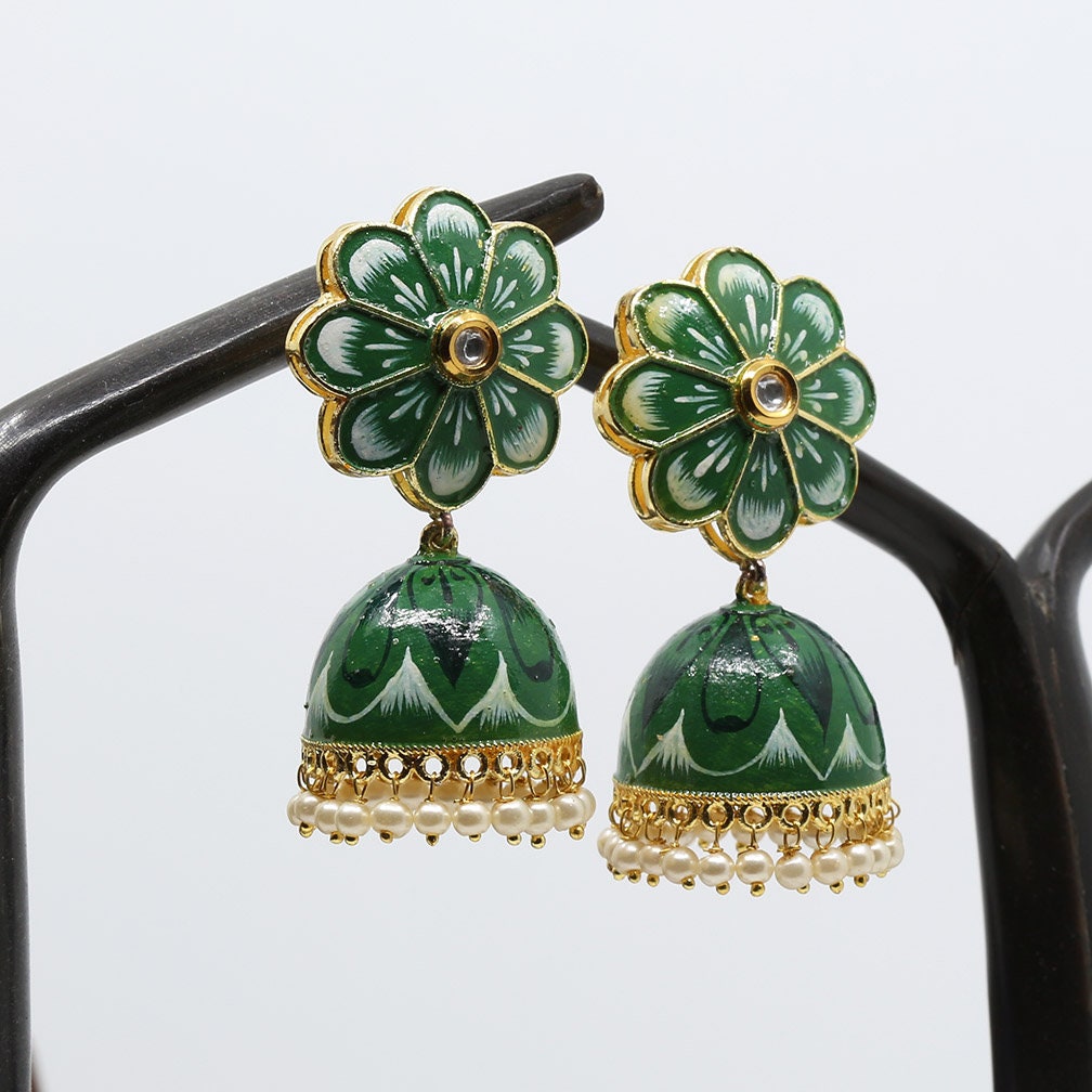 Stone Studded Golden and Green Jhumka Earrings Jewelry 373JW01