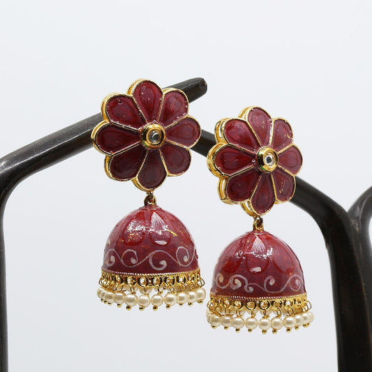 Floral cut Hand Painted Kundan Meenakari Jhumka Earrings|Bollywood Indian Traditional Bridal Jewelry|Jhumki Fashion Jewelry