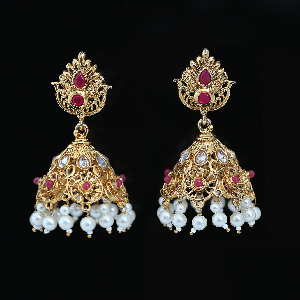 Bollywood Style Gold Plated Indian Jewelry Pearl Kundan Jhumka Earrings Set  | eBay