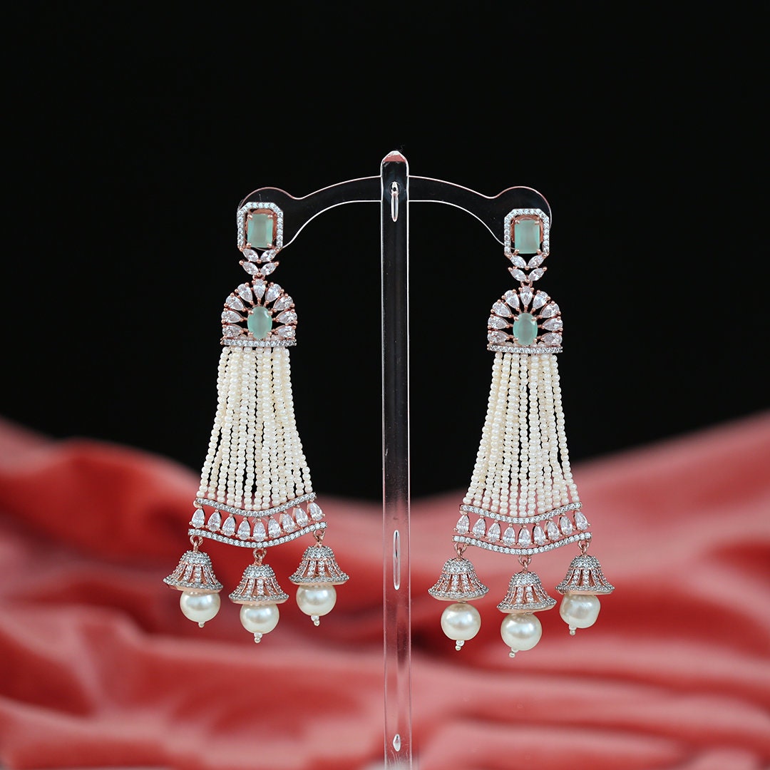 Rose Gold Plated White AD Stones Traditional Triple Jhumka Hanging Earrings|Diamond Jhumkas|Traditional Earrings