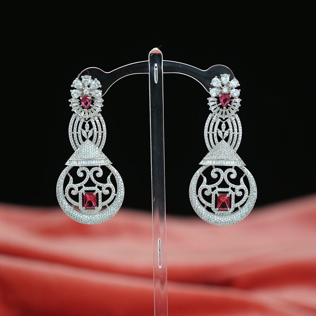 Rhodium Plated AD Stones Diamond Look Zircon Earrings|American Diamond Jewelry|Indian Wedding Earrings|Cubic Zirconia Jewelry