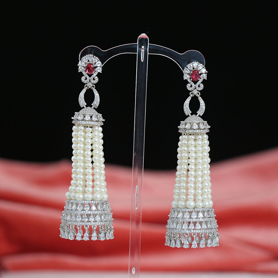 Long Jhumka Earrings with pearls | Faux pearl beaded tassel drop Jhumka earrings | Indian Wedding Jewelry