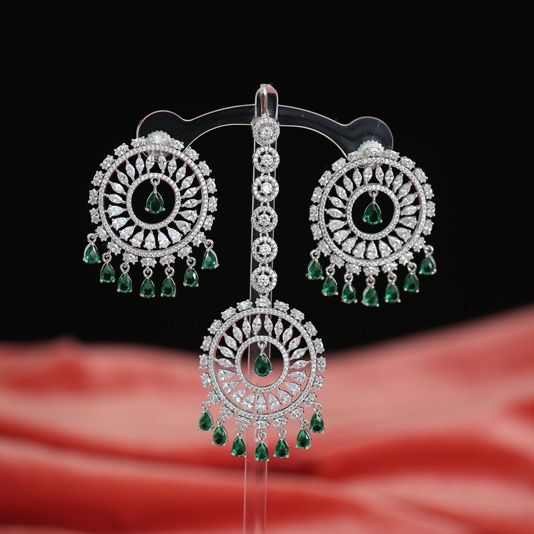 Wedding Wear Clear CZ and American Diamonds Round Earrings with Maang Tikka|Traditional Bollywood Indian Chandbali earrings|Bridal Jewelry