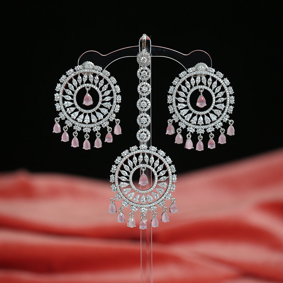 Wedding Wear Clear CZ and American Diamonds Round Earrings with Maang Tikka|Traditional Bollywood Indian Chandbali earrings|Bridal Jewelry