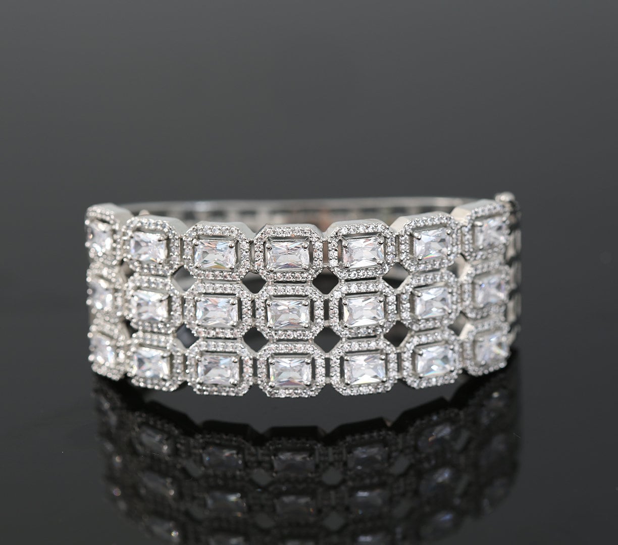 Light Pink American Diamond Rhodium Plated Stylish Open Bangle Bracelet|Indian Wedding Bangles|Cubic Zirconia Bracelet Jewelry