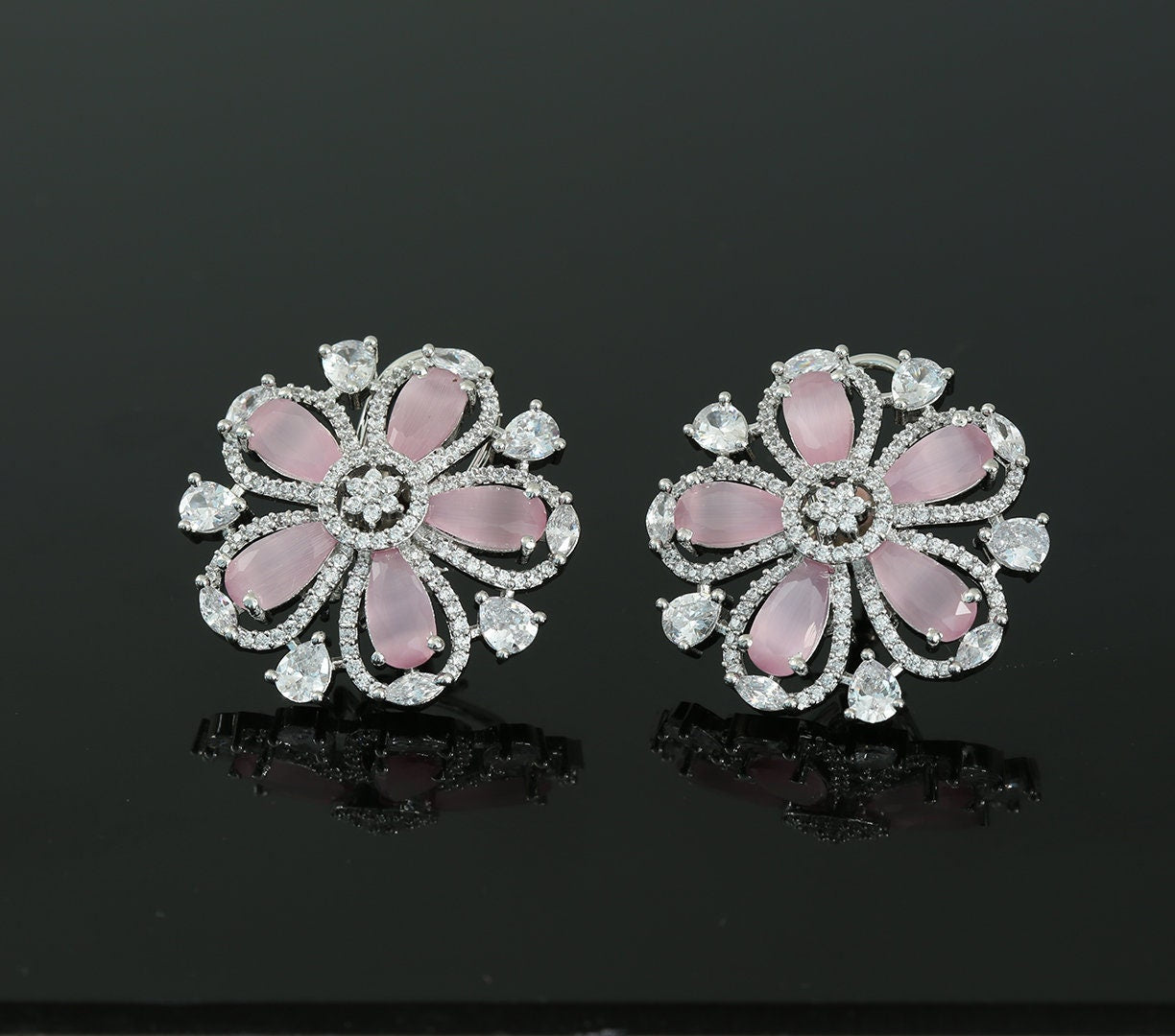 Rhodium Plated American Diamond and CZ Floral Design Fashion Clip on Stud Tops|Flower Shape Ladies Fashion Stud Earrings|Indian Jewelry