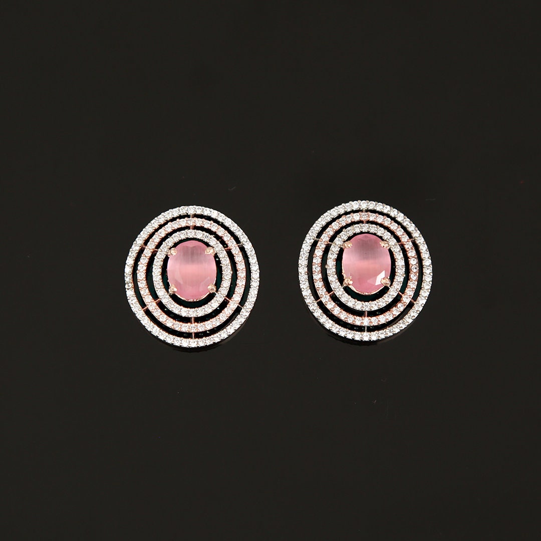 Rose Gold Oval Shape CZ Stud Earrings | Indian Stud Earrings I Wedding Earrings | silver studs | Cubic Zirconia Ruby Stud Earrings 421