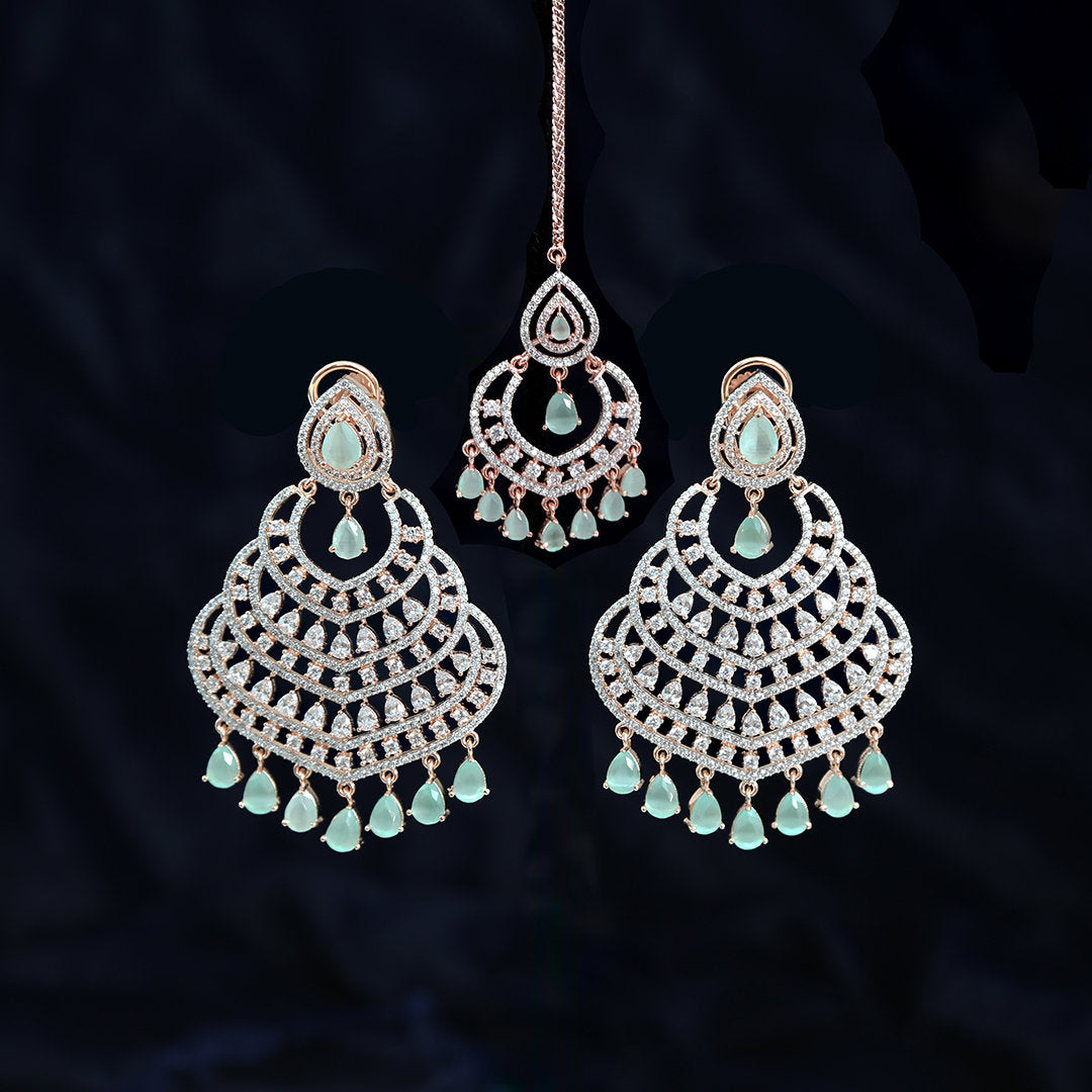 Exceptional Quality Rose Gold Chandbali Chandelier Earrings Maang tikka combo Bollywood Celebrity Jewelry