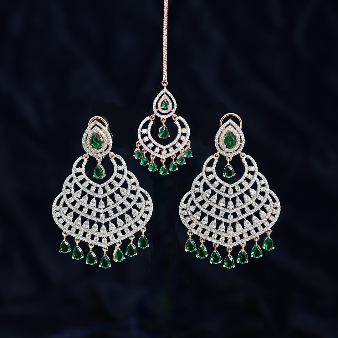 Exceptional Quality Rose Gold Chandbali Chandelier Earrings Maang tikka combo Bollywood Celebrity Jewelry