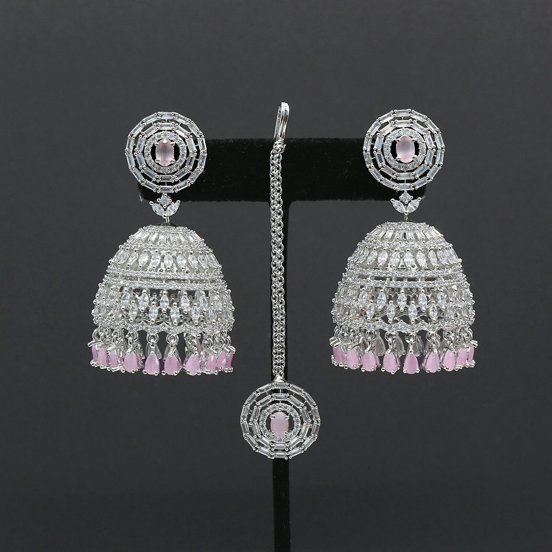 Large silver Jhumki Tikka set with American Diamond Indian Jhumka Jhumki | Bridal Maang tikka earring set | Indian wedding Jewelry online