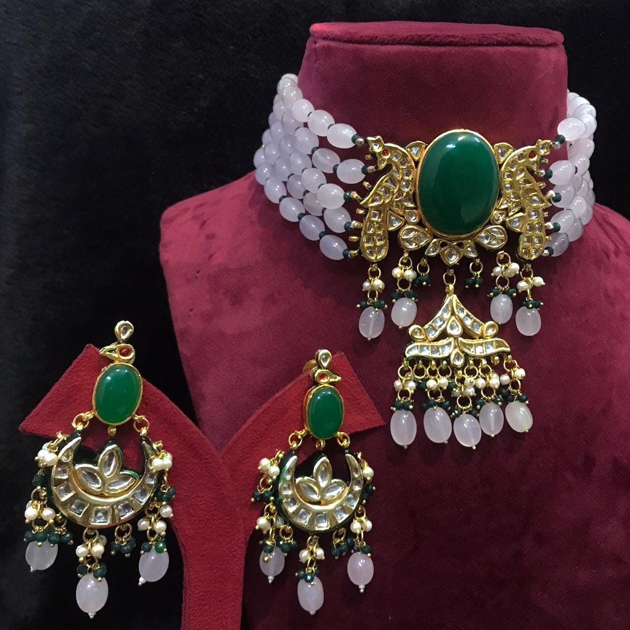 Emerald Green Stone Kundan Choker Indian Pakistani Wedding necklace set | Gold plated Bollywood Kundan Bridal Indian Jewelry set