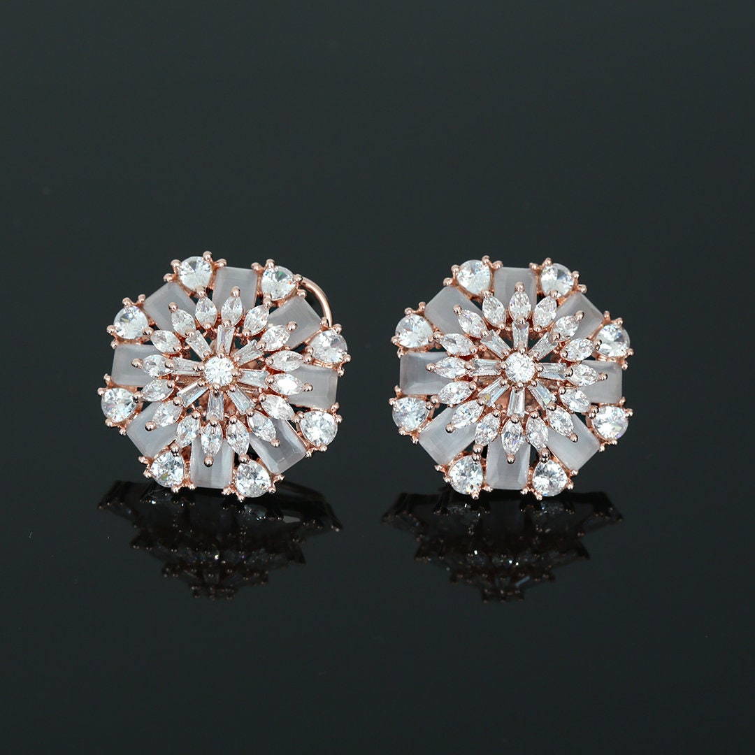 Rose Gold Large stud Earrings in Flower Designs with Grey CZ stones | Indian stud earrings |Diamond Studs | Statement Earring