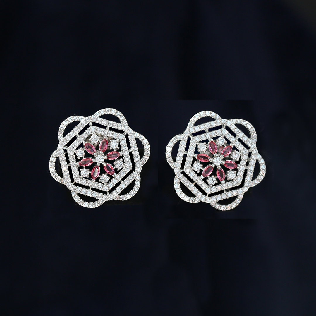 Trend Setting Rhodium Plated Stud Earrings in Floral pattern | Bridal Jewelry Silver Earrings | High End Cubic Zirconia Studs online