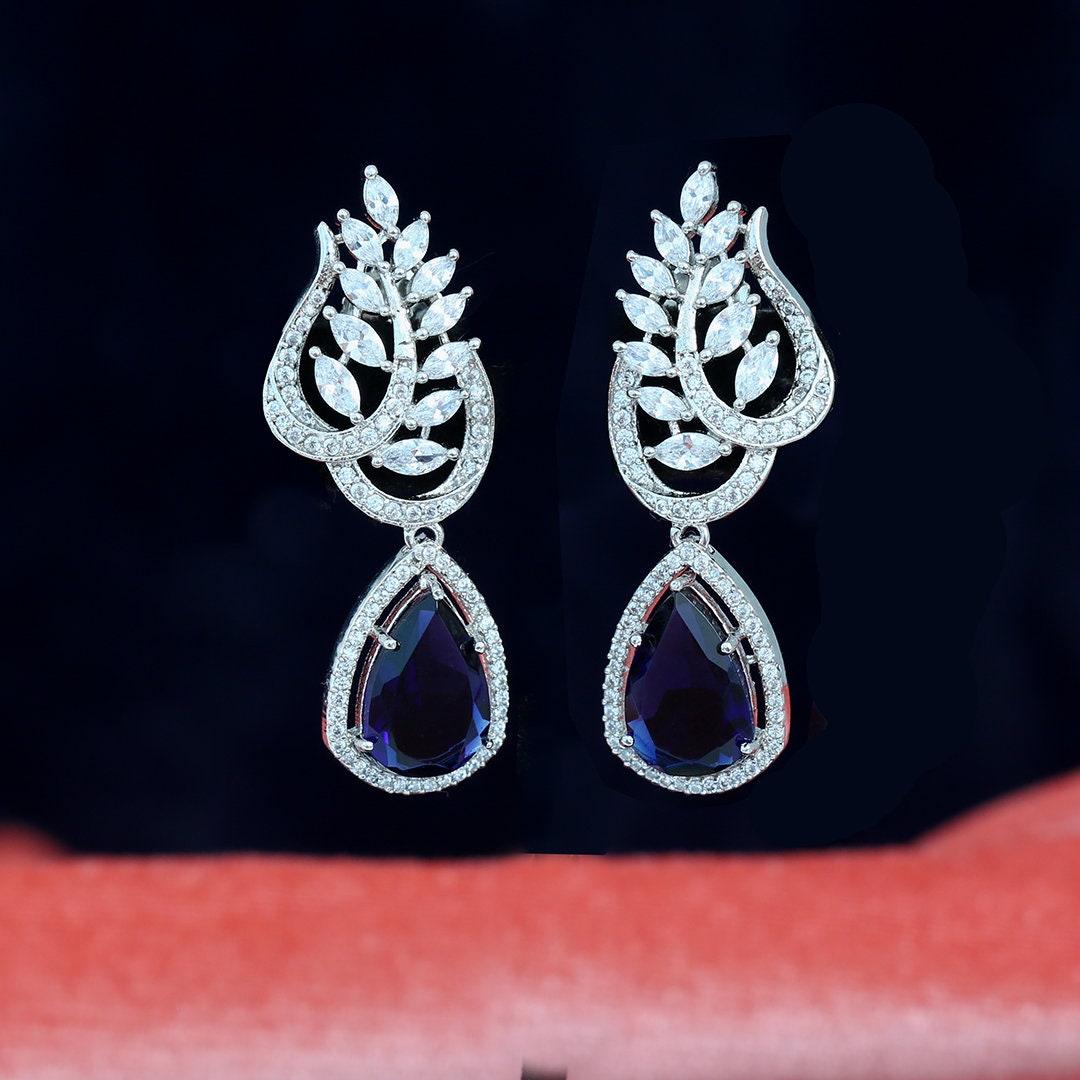 Luxury Diamond Pear Tear Drop CZ Earrings | Diamond leaf Color stone Fruit earrings | American Diamond Designer Wedding bridal  Earrings