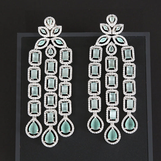 Rhodium Plated Floral design Long Blue Stone Earrings | American Diamond Earrings | Indian Designer Earrings | Pakistani Fashion Earrings