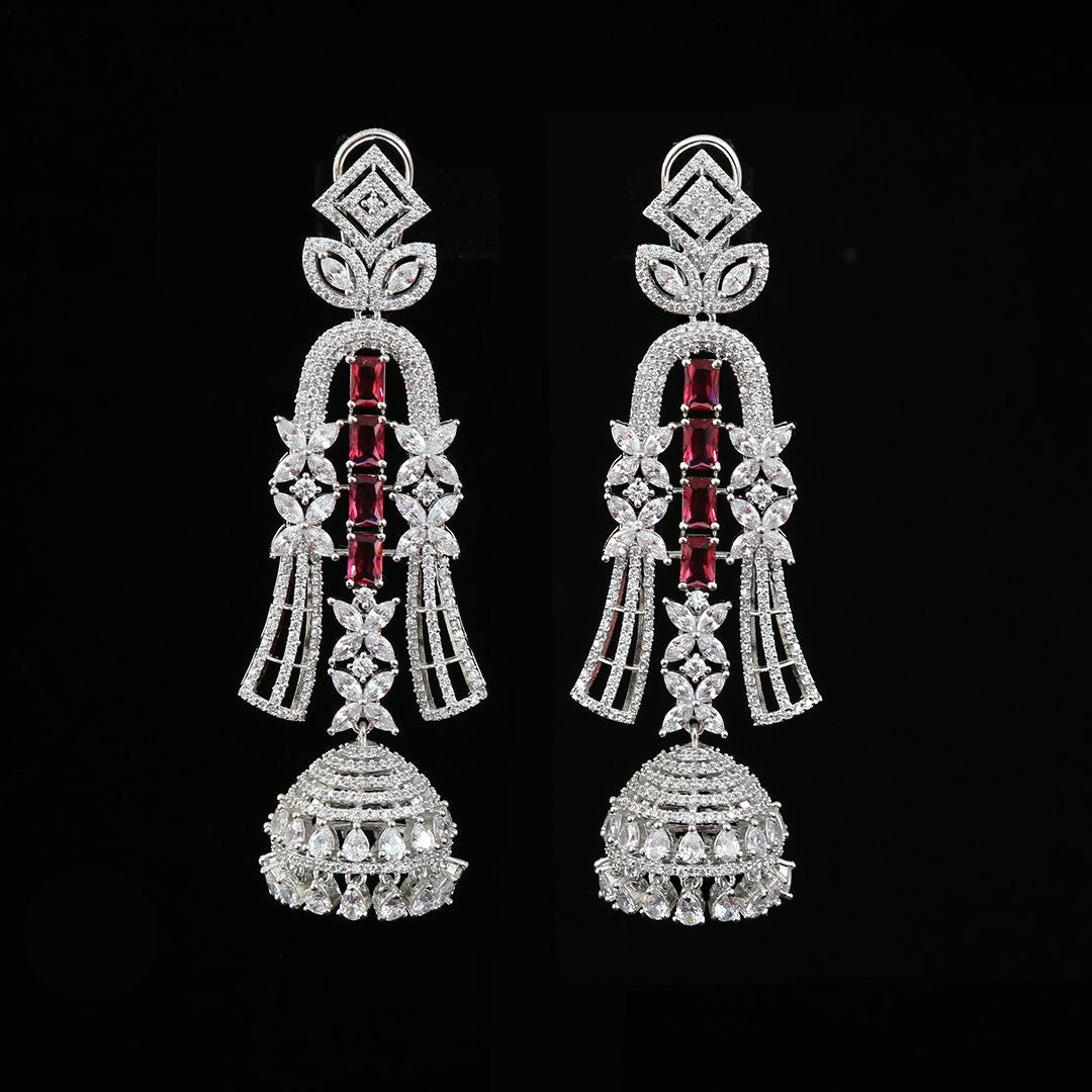 Silver tone Rhodium Plated Long Jhumka Earrings | Bollywood Designer Jhumka |American Diamond Rhinestone Crystal Jhumki earrings | CZ Jhumka