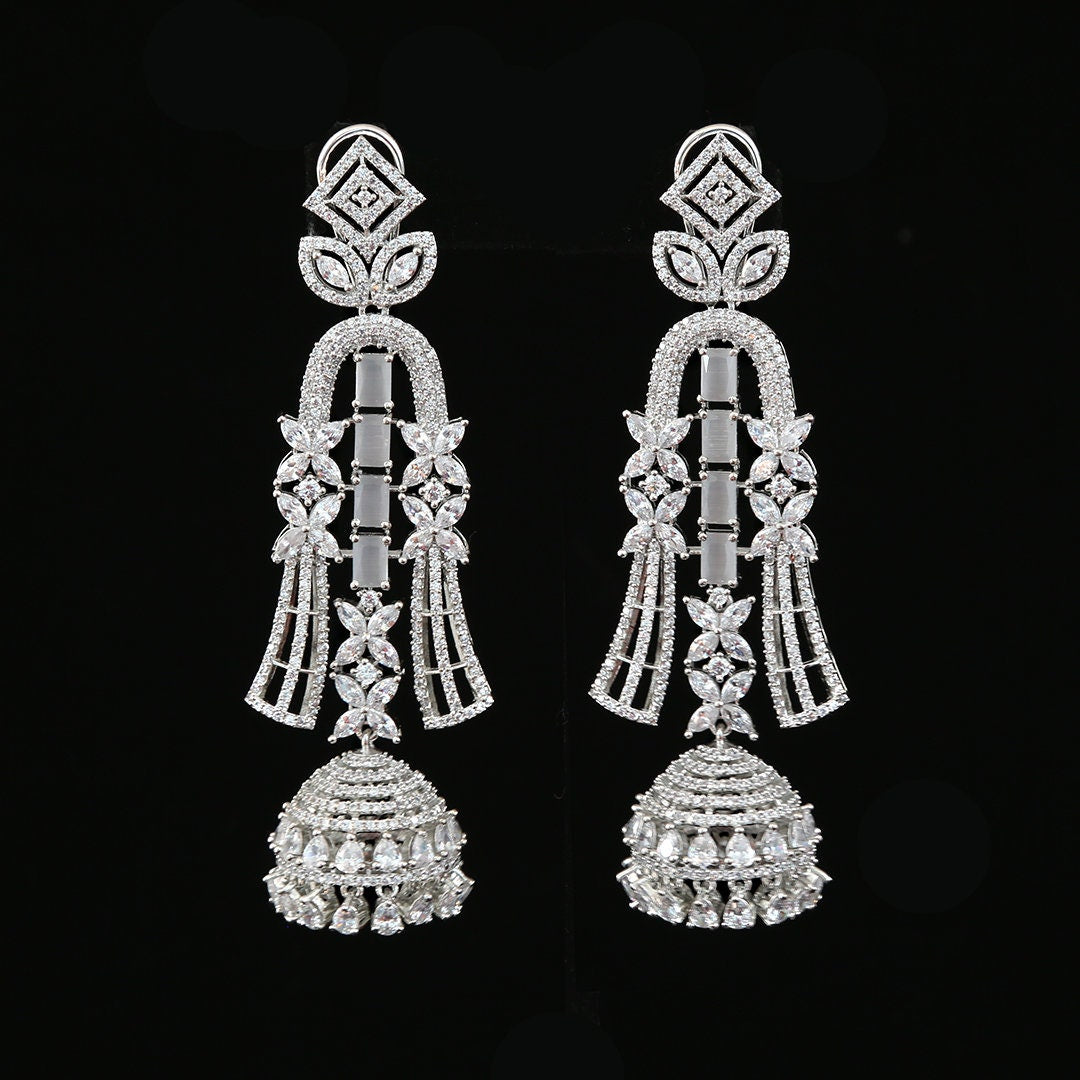 Silver tone Rhodium Plated Long Jhumka Earrings | Bollywood Designer Jhumka |American Diamond Rhinestone Crystal Jhumki earrings | CZ Jhumka