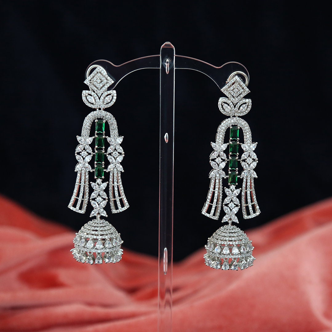 Silver tone Rhodium Plated Long Jhumka Earrings | Bollywood Designer Jhumka |American Diamond Rhinestone Crystal Jhumki earrings | CZ Jhumka