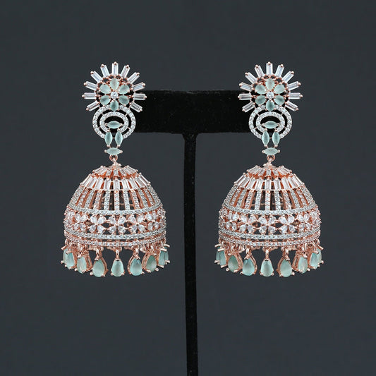 Rose Gold CZ Indian Jewelry Jhumka Earrings | Large Jhumkas Designs | Kashmiri Jhumki | Big bridal Jhumkas for wedding | Blue | Pink | Mint