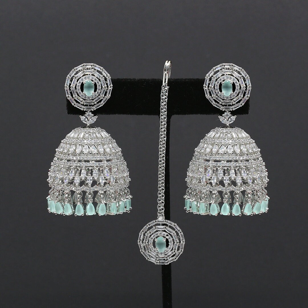 Large silver Jhumki Tikka set with American Diamond Indian Jhumka Jhumki | Bridal Maang tikka earring set | Indian wedding Jewelry online