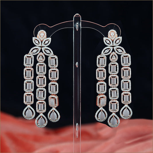 Best Quality Rose Gold American Diamond CZ Indian Jewelry Earrings | Long AD Indian Bollywood Pakistani Designer Earrings | Trendy Earrings