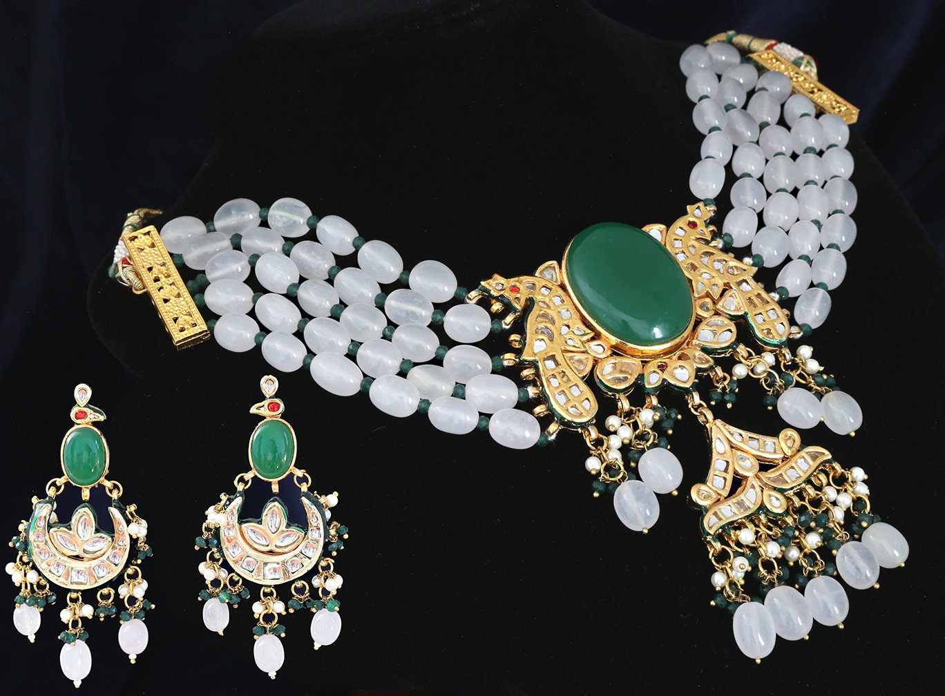 Emerald Green Stone Kundan Choker Indian Pakistani Wedding necklace set | Gold plated Bollywood Kundan Bridal Indian Jewelry set