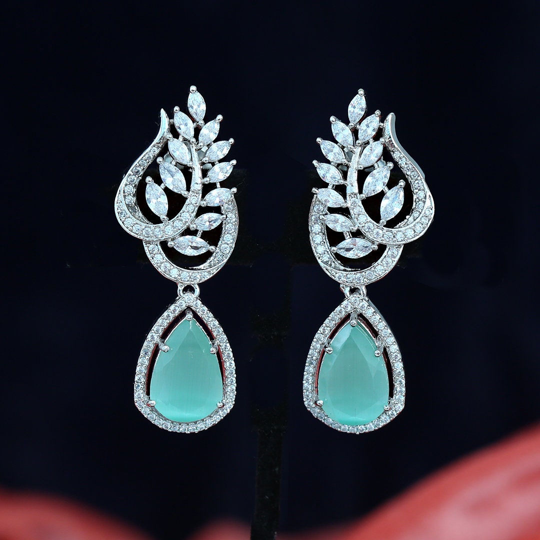 Luxury Diamond Pear Tear Drop CZ Earrings | Diamond leaf Color stone Fruit earrings | American Diamond Designer Wedding bridal  Earrings
