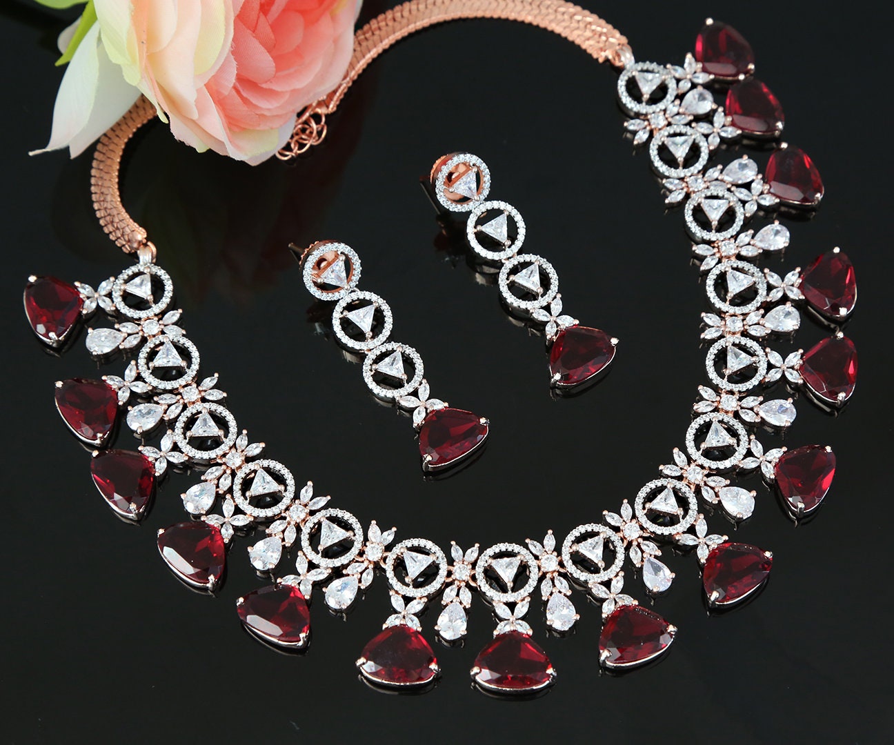 Unique Floral design American Diamond Necklace with Triangular shape Ruby and Clear stones | Rose gold Diamond necklace in Beautiful design