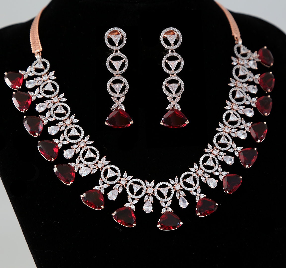 American Diamond and Ruby Flower Necklace Set