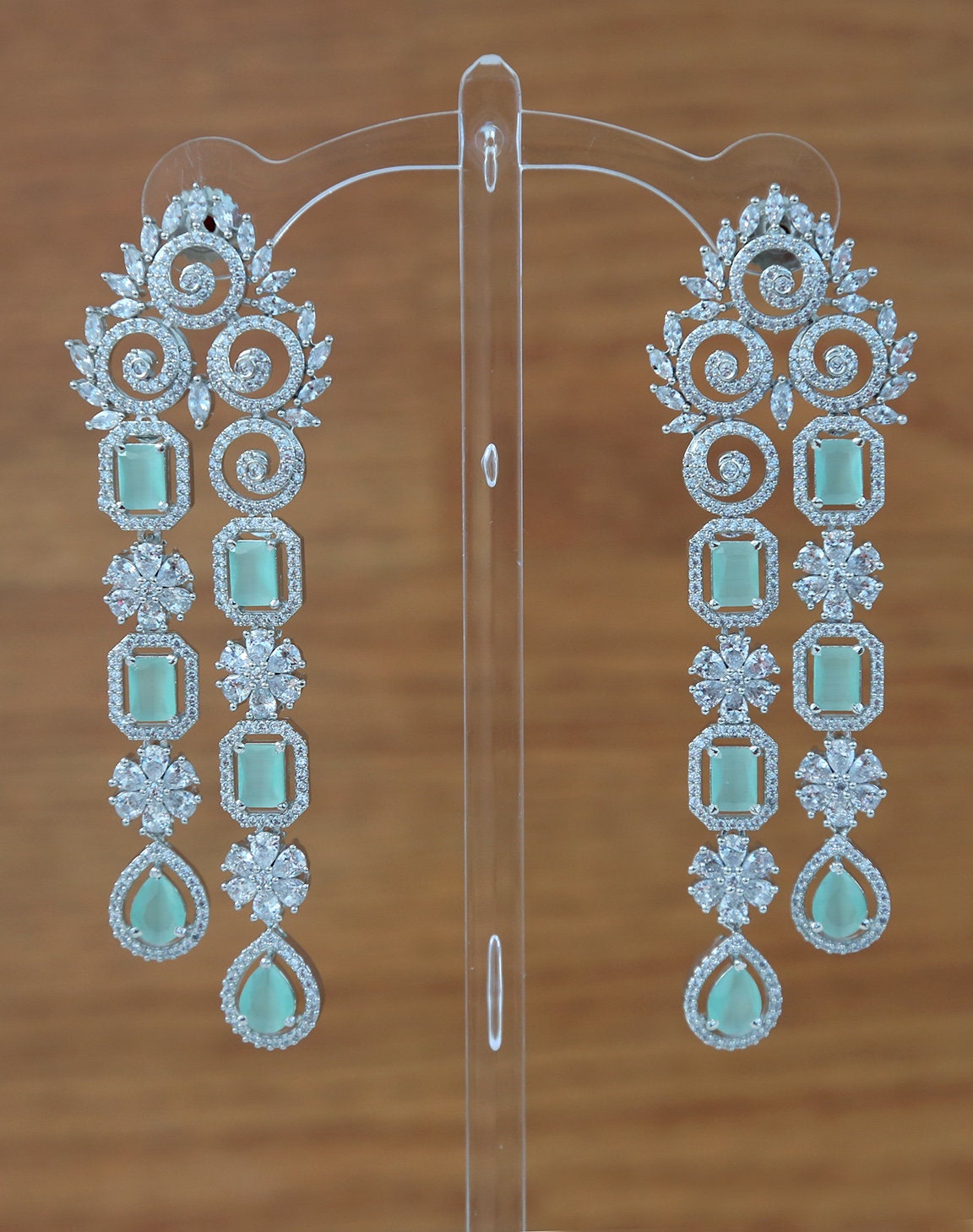 Silver earrings women | AD Floral Drop Dangler Earrings | Swarovski drop and dangle earrings | CZ stones Bollywood earrings online shopping