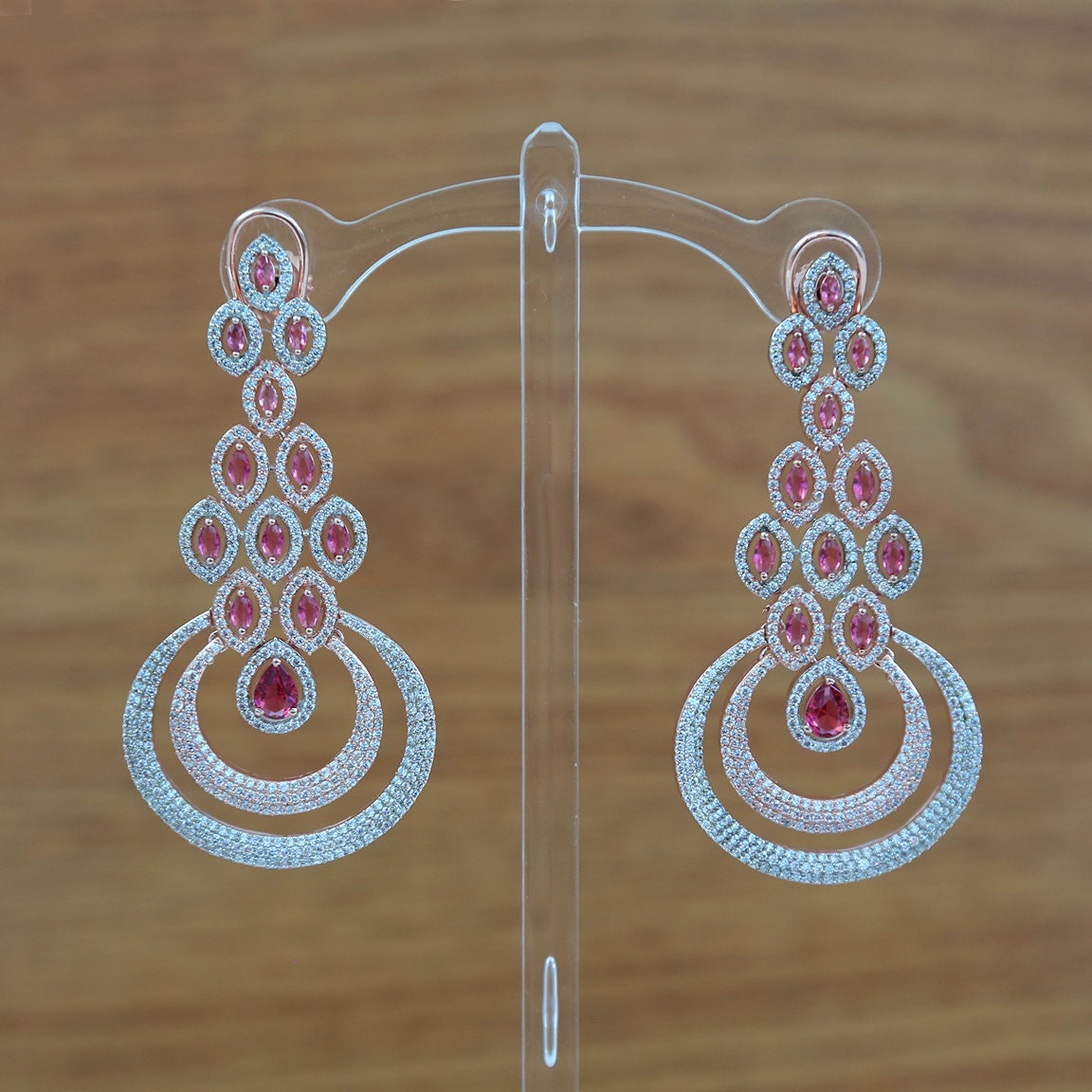 American diamond chandbali earrings Latest Design | AD stone ganga jamuna Long Earrings | Silver and rose Gold Polish Color CZ Stone Earring