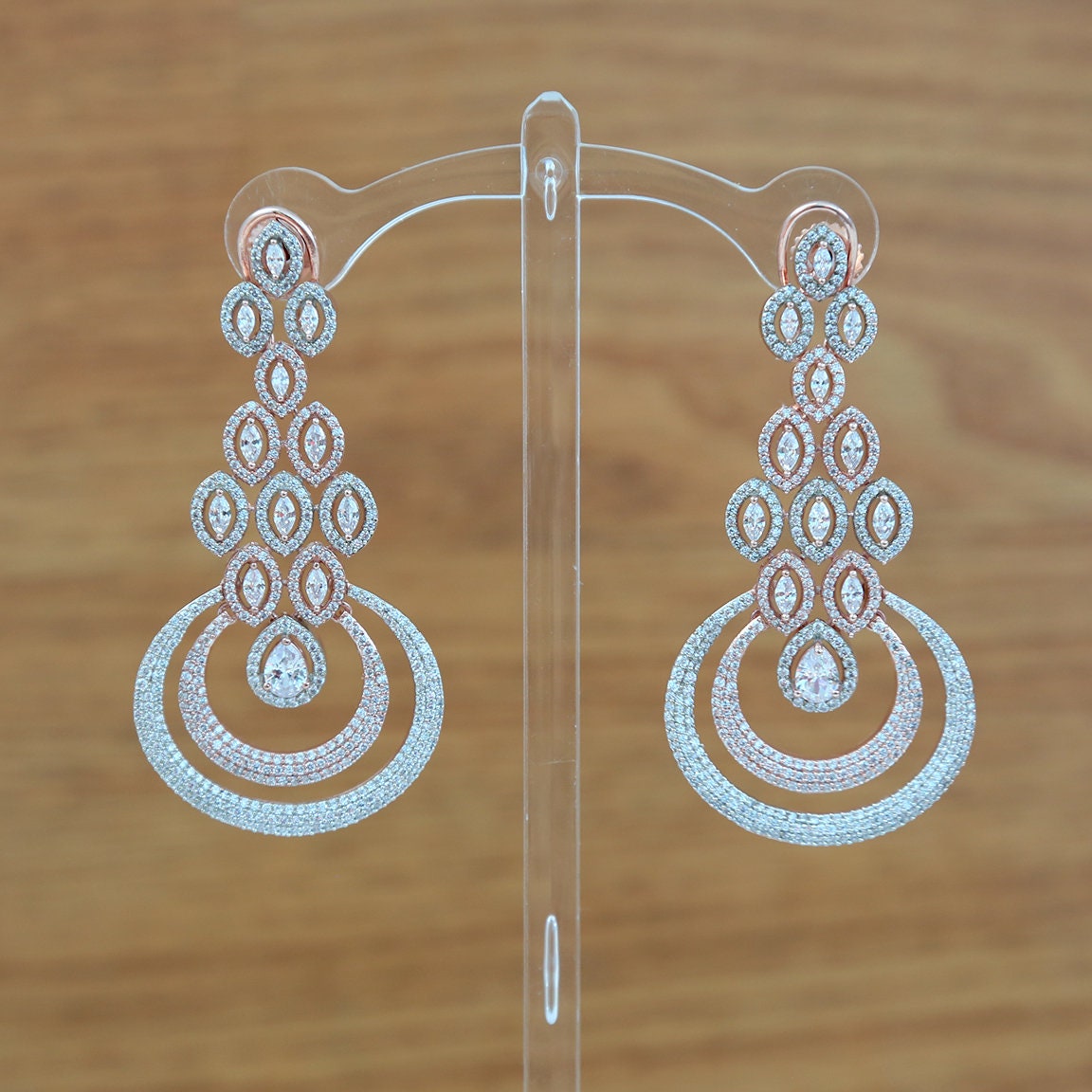 American diamond chandbali earrings Latest Design | AD stone ganga jamuna Long Earrings | Silver and rose Gold Polish Color CZ Stone Earring