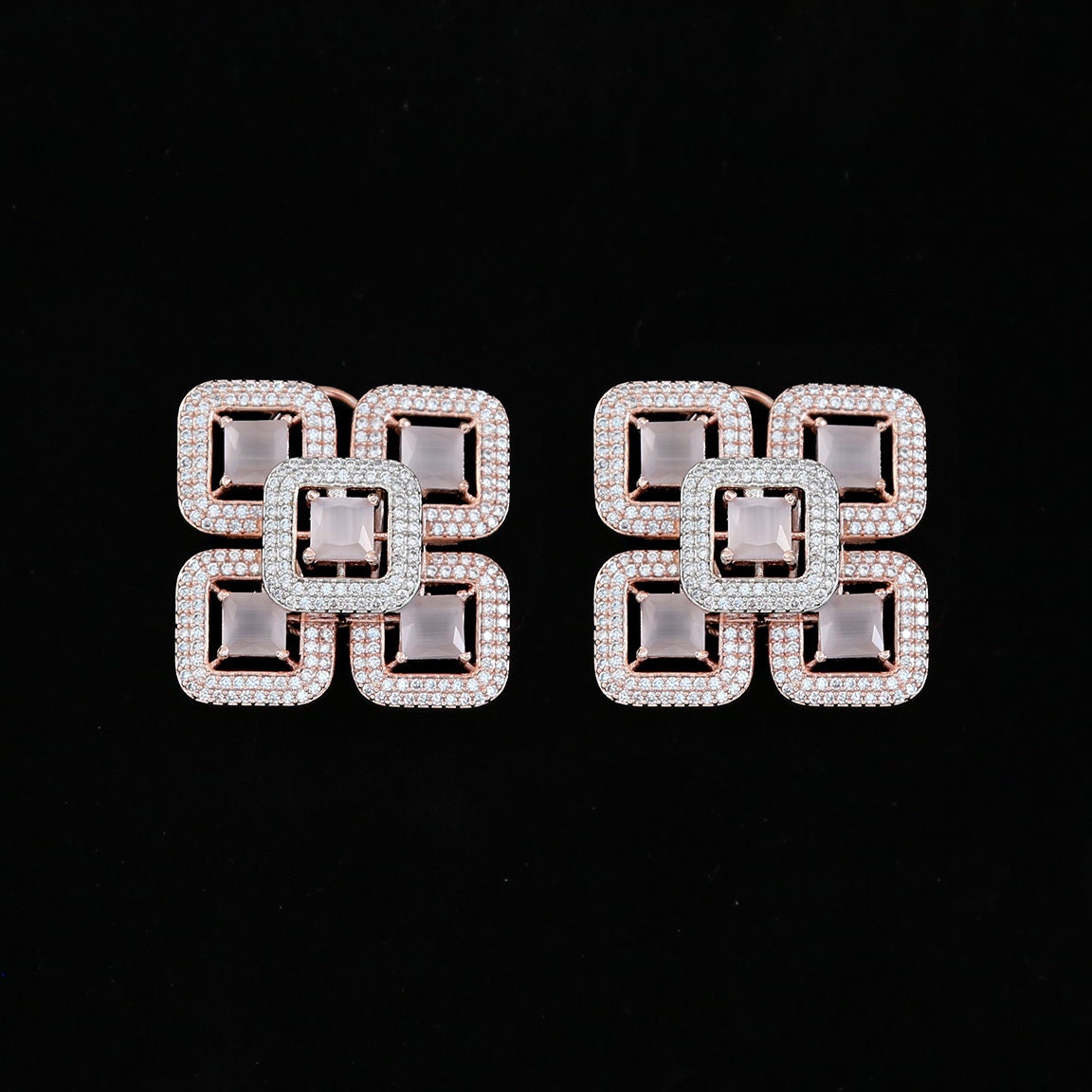 Stud earrings for women | Geometric square cluster stud earrings in rose-gold Finish |Big Indian Ruby stud earrings designs |Dual Tone Studs