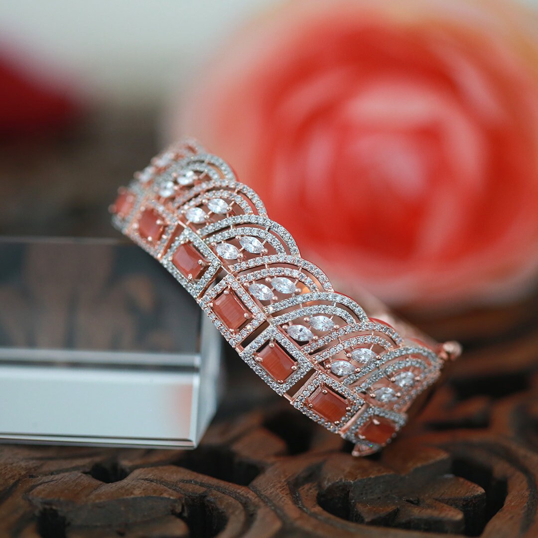 Rose gold bangle bracelet for woman | crystal bangle bracelets studded with emerald cut Orange carnelian stones | Ruby stone bracelet bangle
