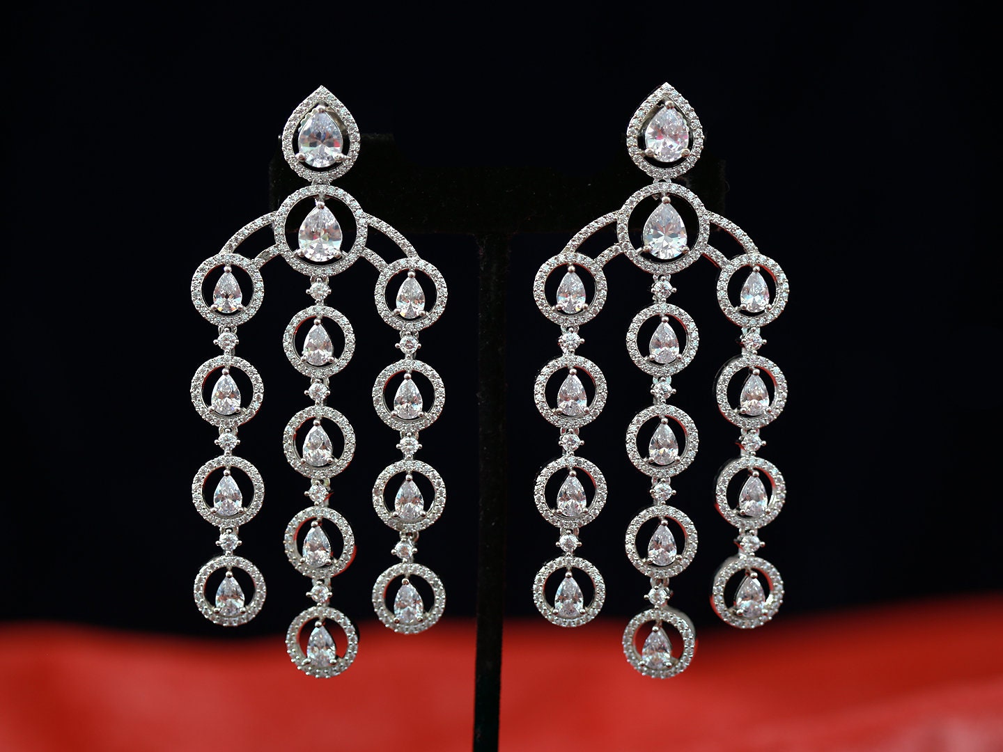 Crystal chandelier earrings for wedding | Silver teardrop dangle earrings | Cz bridal chandelier earrings | Triple strand long drop earrings