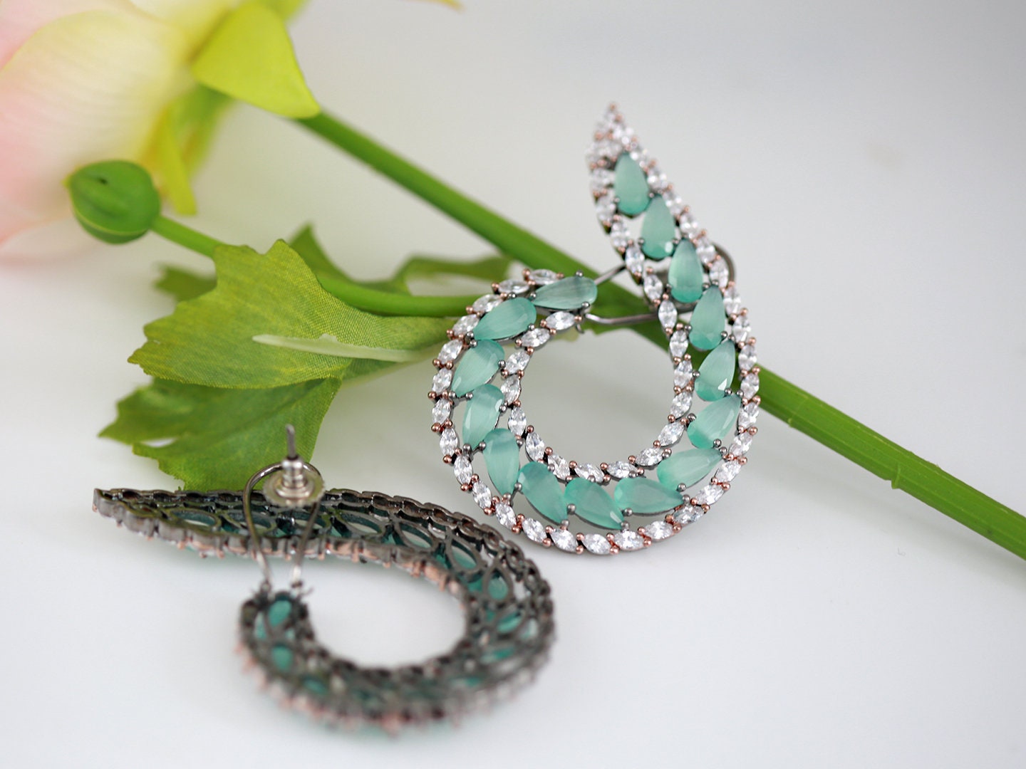 Designer earrings for women | American diamond big earrings | bridal earrings mint green | Latest Punjabi suit earrings | Party wear earring