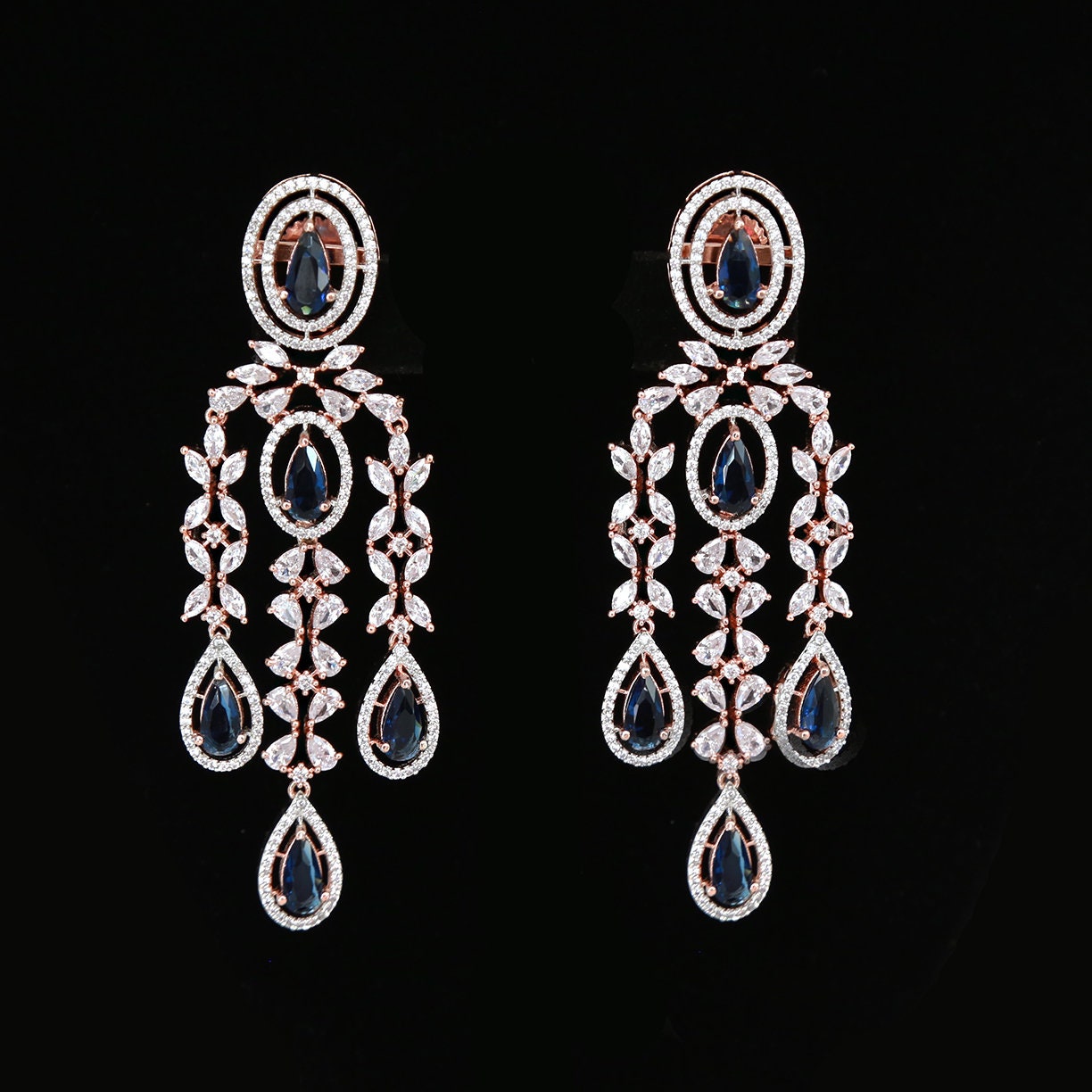 American diamond Rose-Gold chandelier earrings | Triple strand drop earrings | bridal earrings for Indian wedding | earrings for bridesmaid