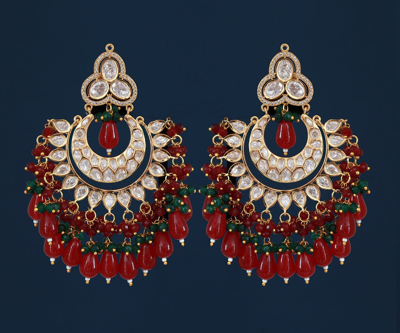 Big kundan chandbali earrings | Gold Plated red kundan chandbali | Indian bridal jhumka earrings | Peach earrings etsy | Pink stone earrings