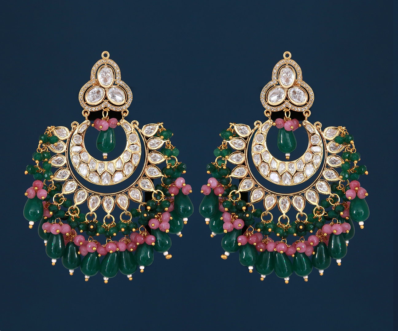 Big kundan chandbali earrings | Gold Plated red kundan chandbali | Indian bridal jhumka earrings | Peach earrings etsy | Pink stone earrings