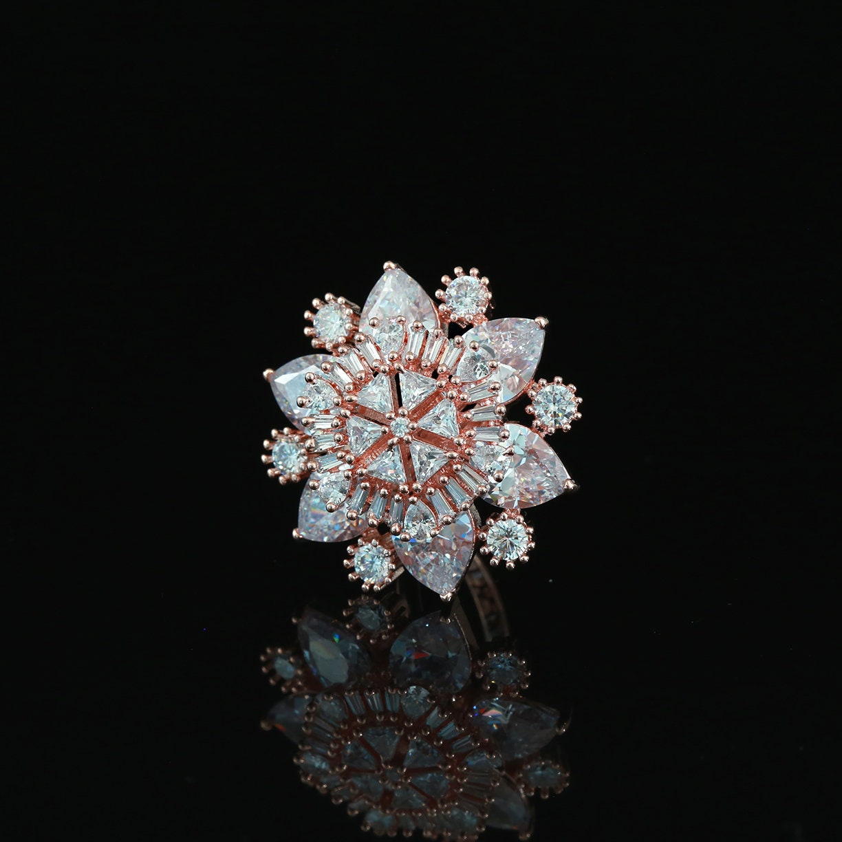 American diamond cocktail ring floral Design | Rose gold rings for women | Lotus flower engagement rings | Rose gold flower engagement rings