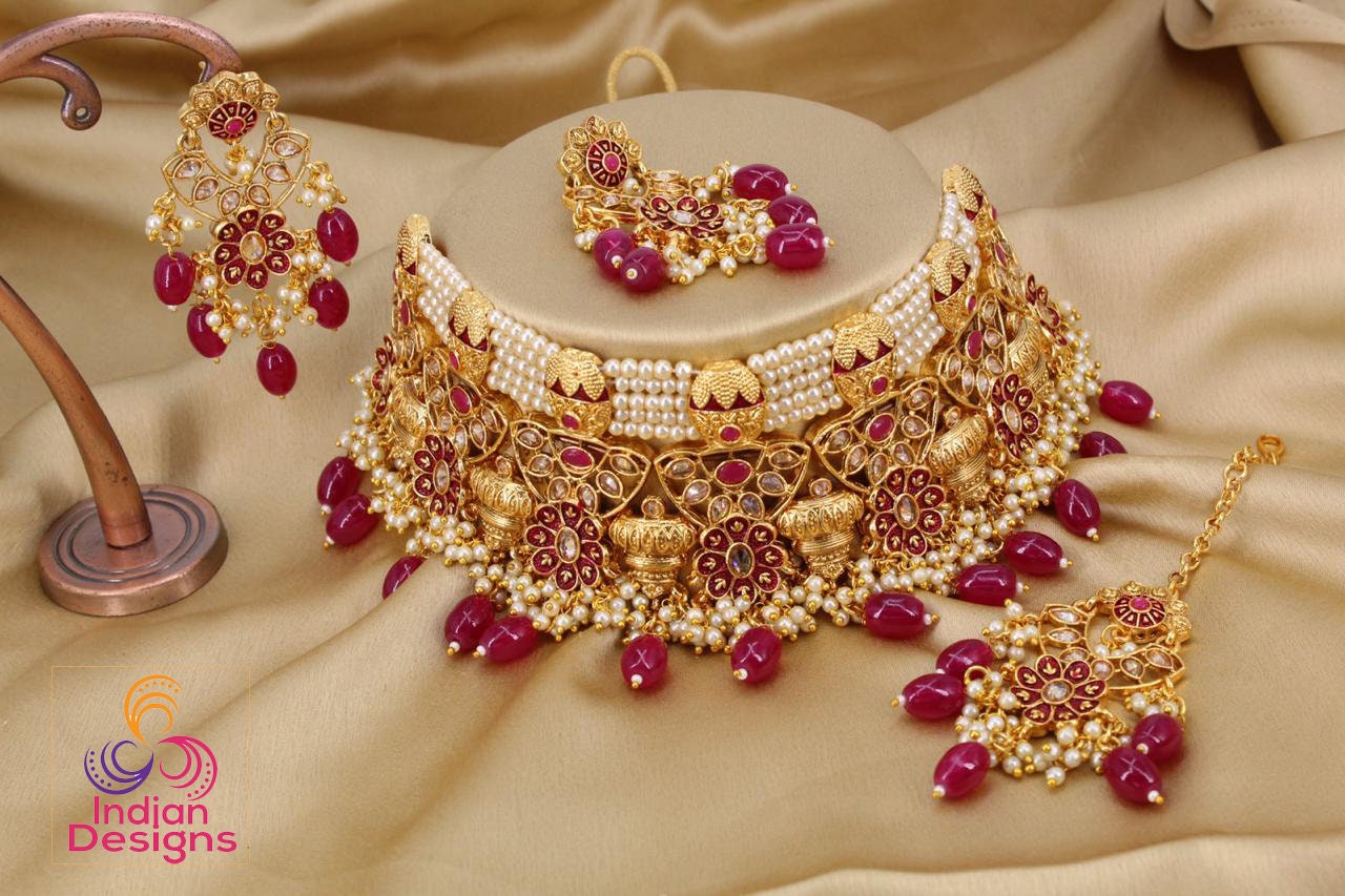 Traditional meenakari work Choker necklace with Gold plating | American diamond premium quality golden choker | Indian Wedding Jewelry set