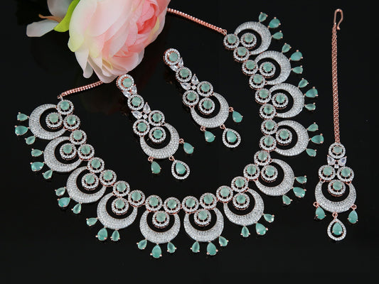 American diamond necklace set | Rose gold diamond circle necklace | Maang tikka and earrings set mint green |Indian Designs Wedding Jewelry
