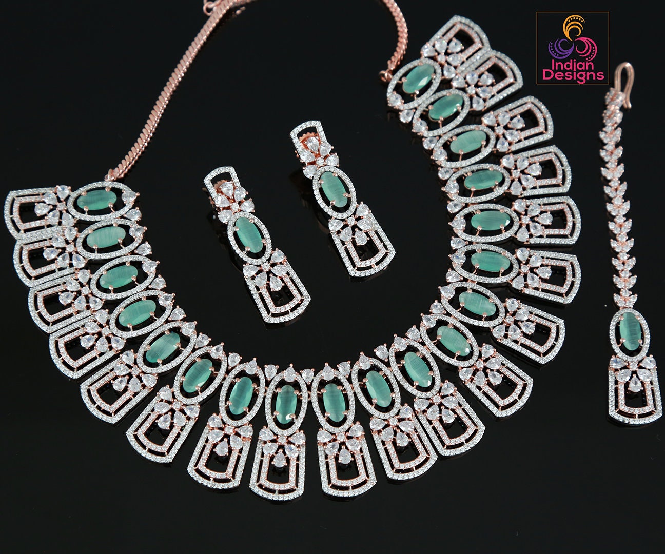 Rose Gold American Diamond Necklace Jewelry | Earring Mang Tikka set | in Pink-Mint Green Oval stones studded with real teardrop crystals