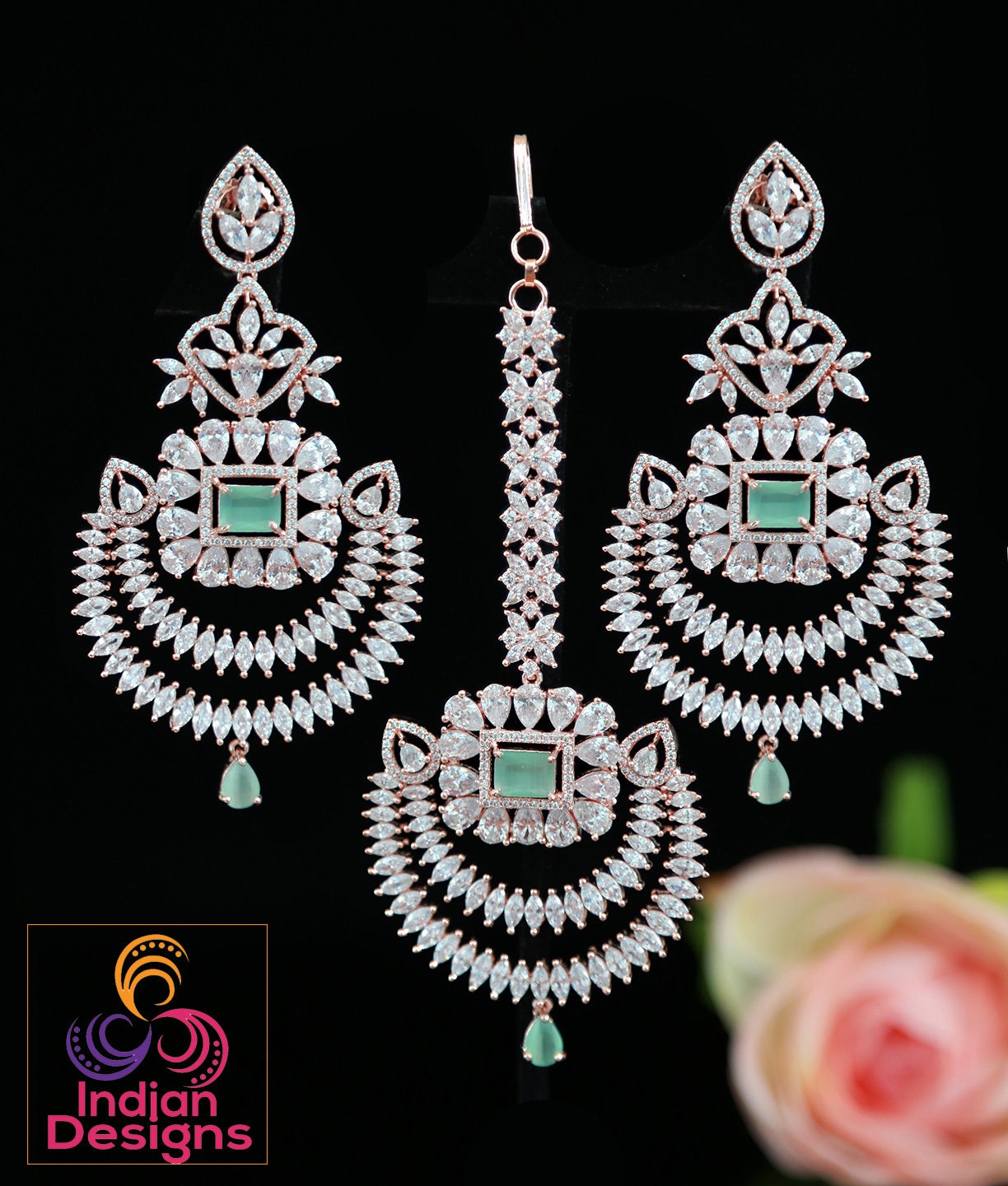 Chandbali crystal earrings tikka set Rose gold - Cz Color Stones | Punjabi earrings with maang tikka for wedding | Indian Designs collection
