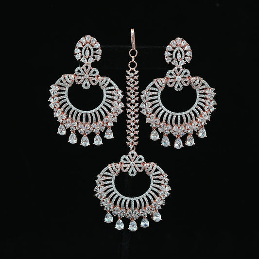 Rose Gold plated American diamond chandbali earrings Mang tikka set | Indian Jewelry Earrings with Maang Tikka Combo Set | Wedding Chandbali