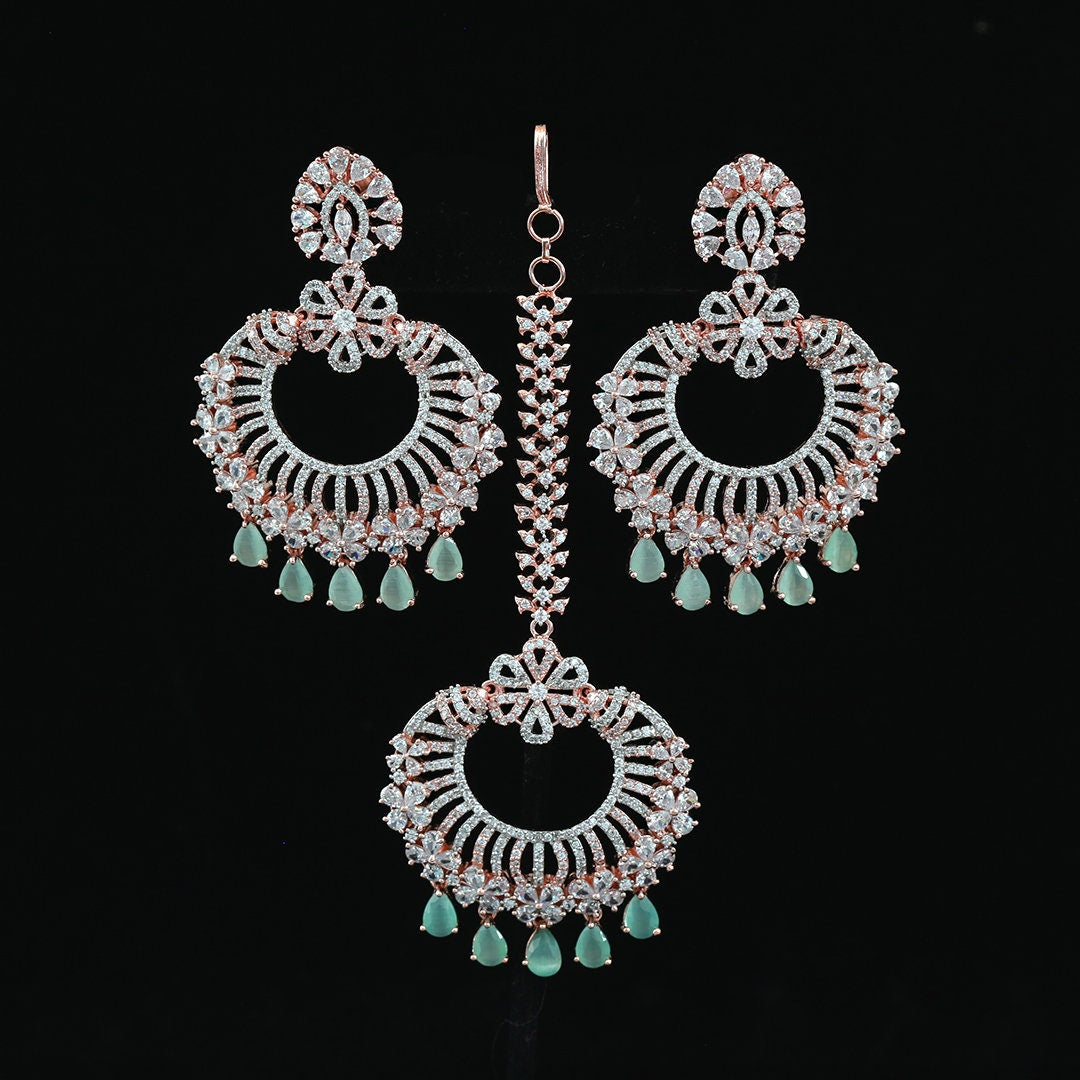 Earrings Maang Tikka American Diamond Rose Gold Plated American