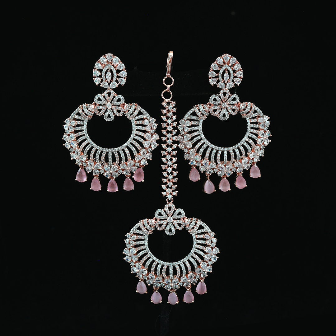 Rose Gold plated American diamond chandbali earrings Mang tikka set | Indian Jewelry Earrings with Maang Tikka Combo Set | Wedding Chandbali