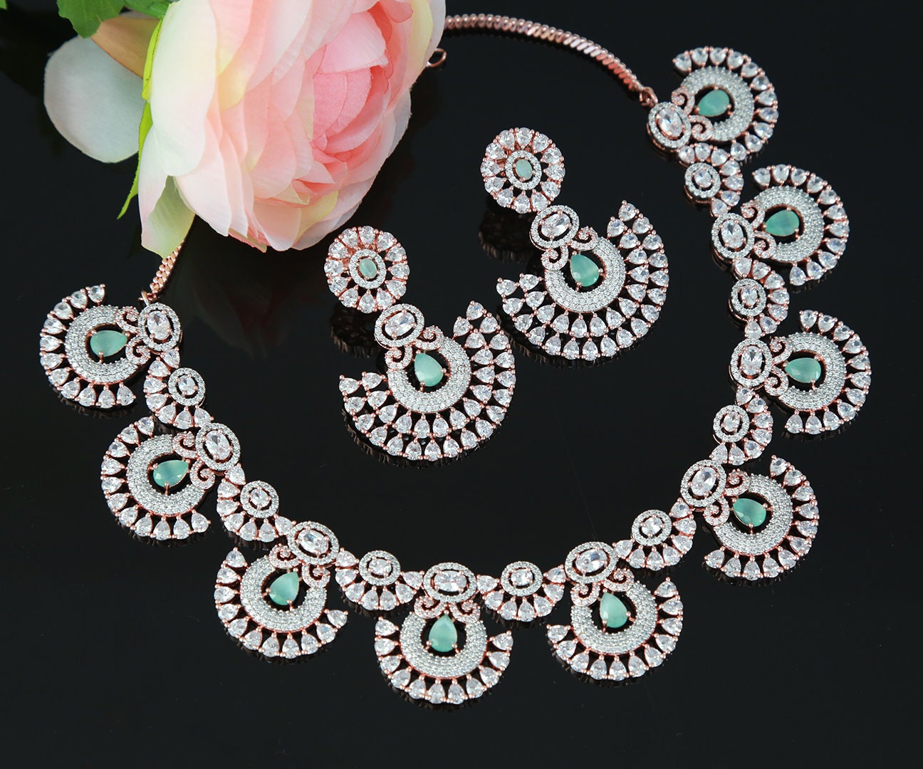 Rose Gold American diamond necklace set | Indian wedding jewelry for bride | Mint green statement necklace | Golden diamond circle necklace