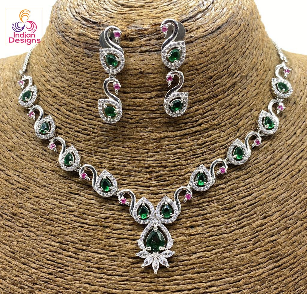 Silver Swan Design Necklace with Teardrop color stones | American Diamond Rhodium Plated Simple choker necklace | Indian designs collection